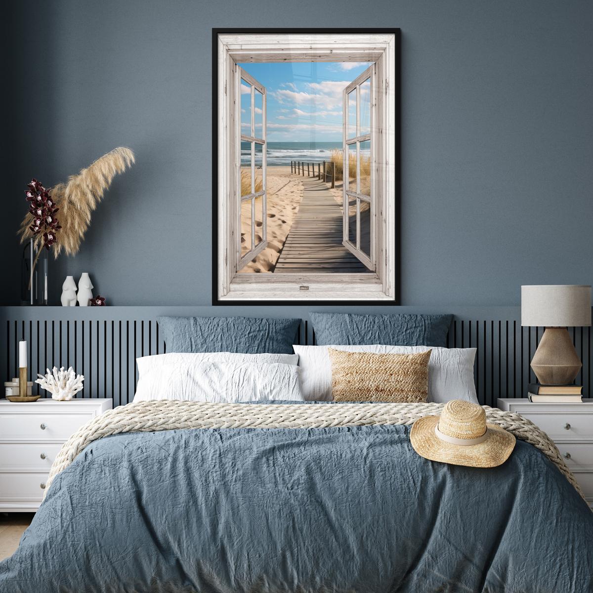 POSTER MIT RAHMEN Fenster - Meer - Küste - Natur - Ausblick - Strand - Wattenmeer Bilderleiste 80x120 cm - Beige, Papier (80/120cm) - MuchoWow