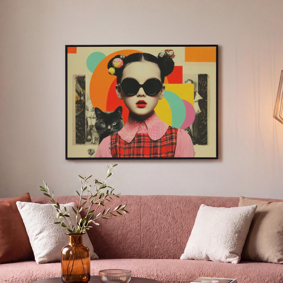 LEINWAND Bilder mit Rahmen - Mädchen - Sonnenbrille - Katze - Retro - 80x60 - Beige, Textil (80/60cm) - MuchoWow