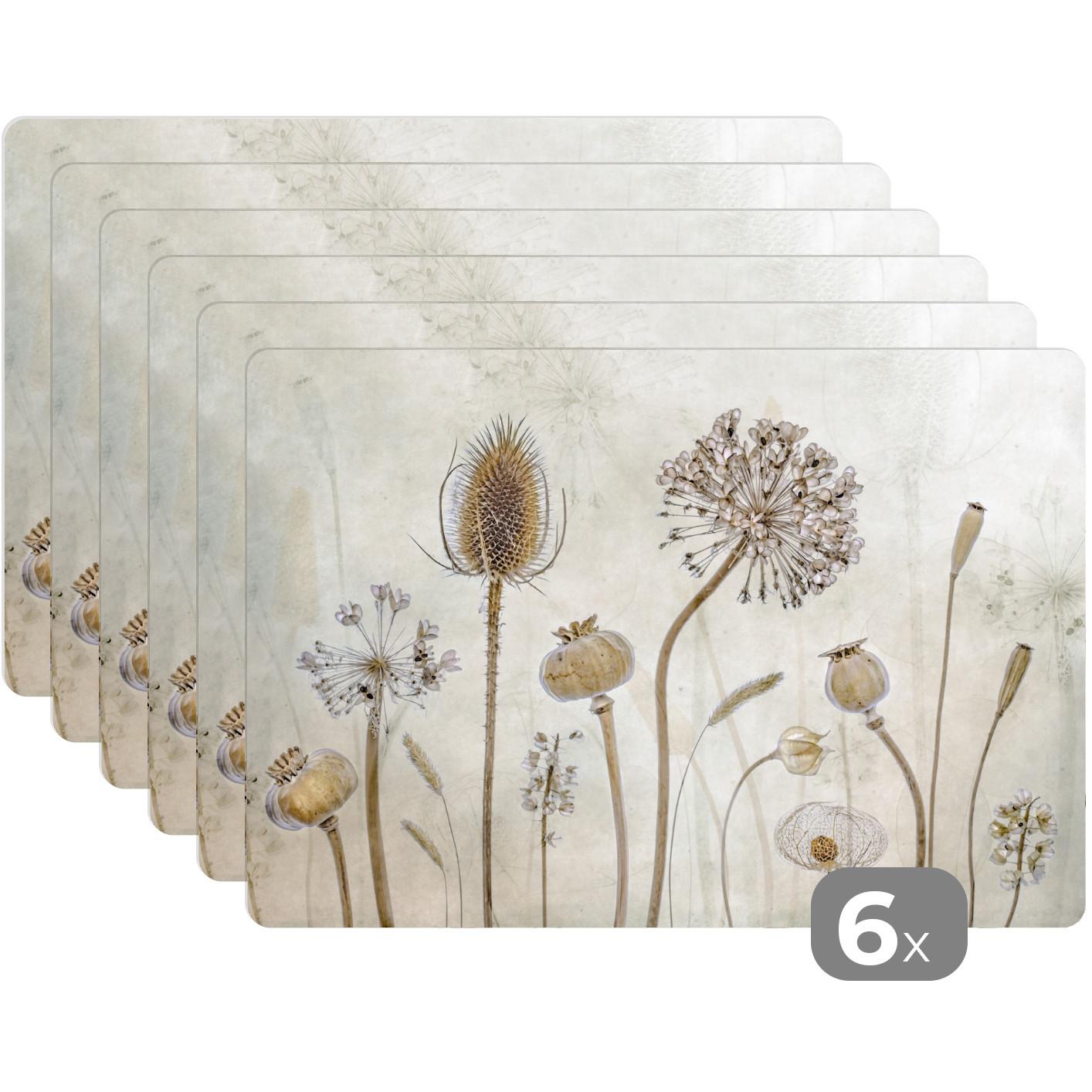 PLATZSETS 6er-Set Blumen - Aquarell - Stilleben - Braun - Vintage Telleruntersetzer 45x30 cm - Naturfarben, Kunststoff (0.3/45/30cm) - MuchoWow