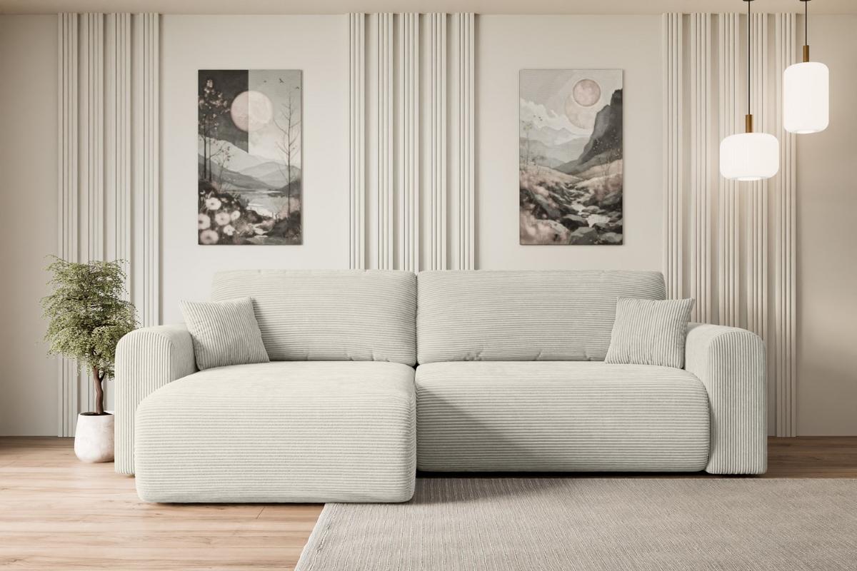 ECKSOFA mit Schlaffunktion und Bettkasten ORRO-L - 272x145x83 cm Creme Cord - Hellgrau/Creme, Holzwerkstoff/Kunststoff (272/145cm) - ALTDECOR