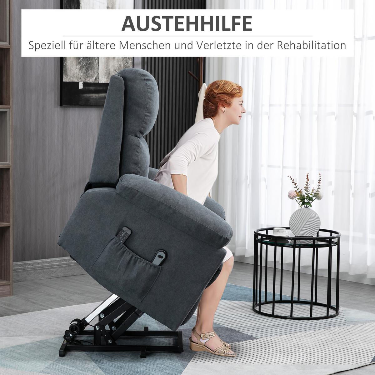 SESSEL mit Aufstehhilfe, Relaxsessel, Massagesessel mit Seitentasche, Leinen - Schwarz/Grau, Textil/Metall (99/103/89cm) - HOMCOM