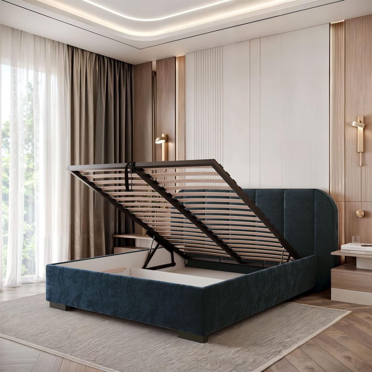 BETT AMARA 140x200 gepolstert mit Stauraum und Lattenrost, Royal Velvet 233 - Blau, Textil (140/200cm) - Lookway
