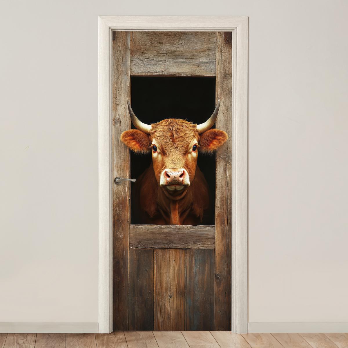 TÜRAUFKLEBER Kuh - Fenster - Holz - Tiere Room Decor 85x205 cm - Türtapete - Wengefarben, Kunststoff (85/0.1cm) - MuchoWow
