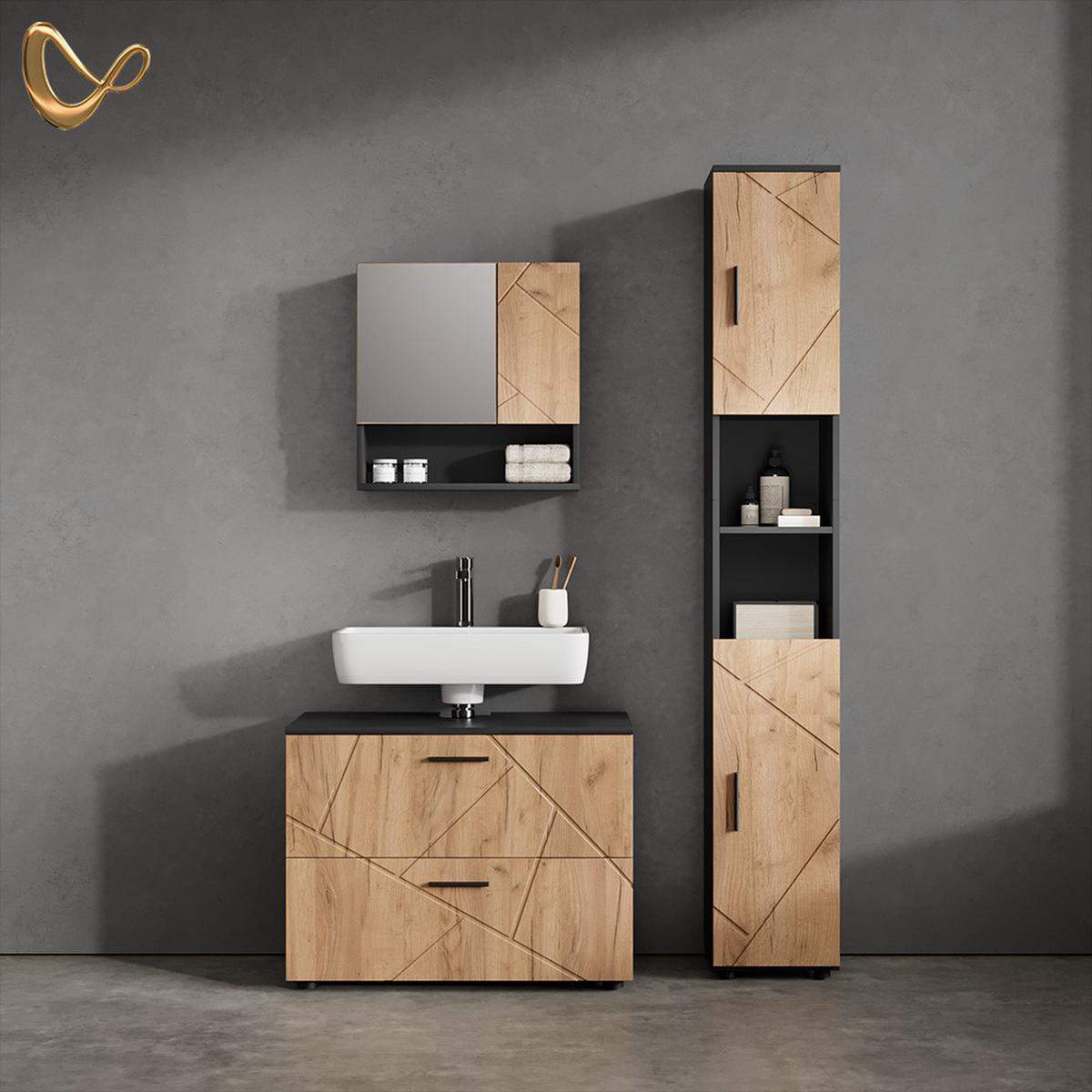 BADMÖBEL-SET Ronco Goldkraft Eiche/Anthrazit 2 Teile - Honigeiche/Anthrazit, Holzwerkstoff (80/58/41cm) - Livinity®