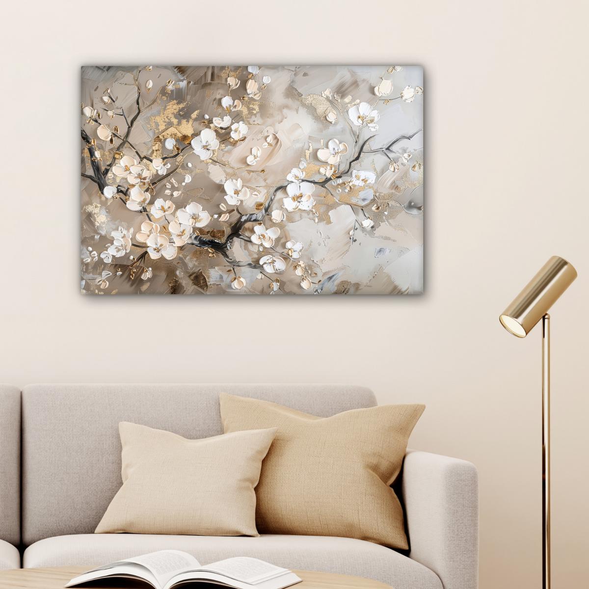 LEINWANDBILD Blumen - Weiß - Gold - Beige - Luxus Gemälde 60x40 cm - Greige, Textil (60/40cm) - MuchoWow