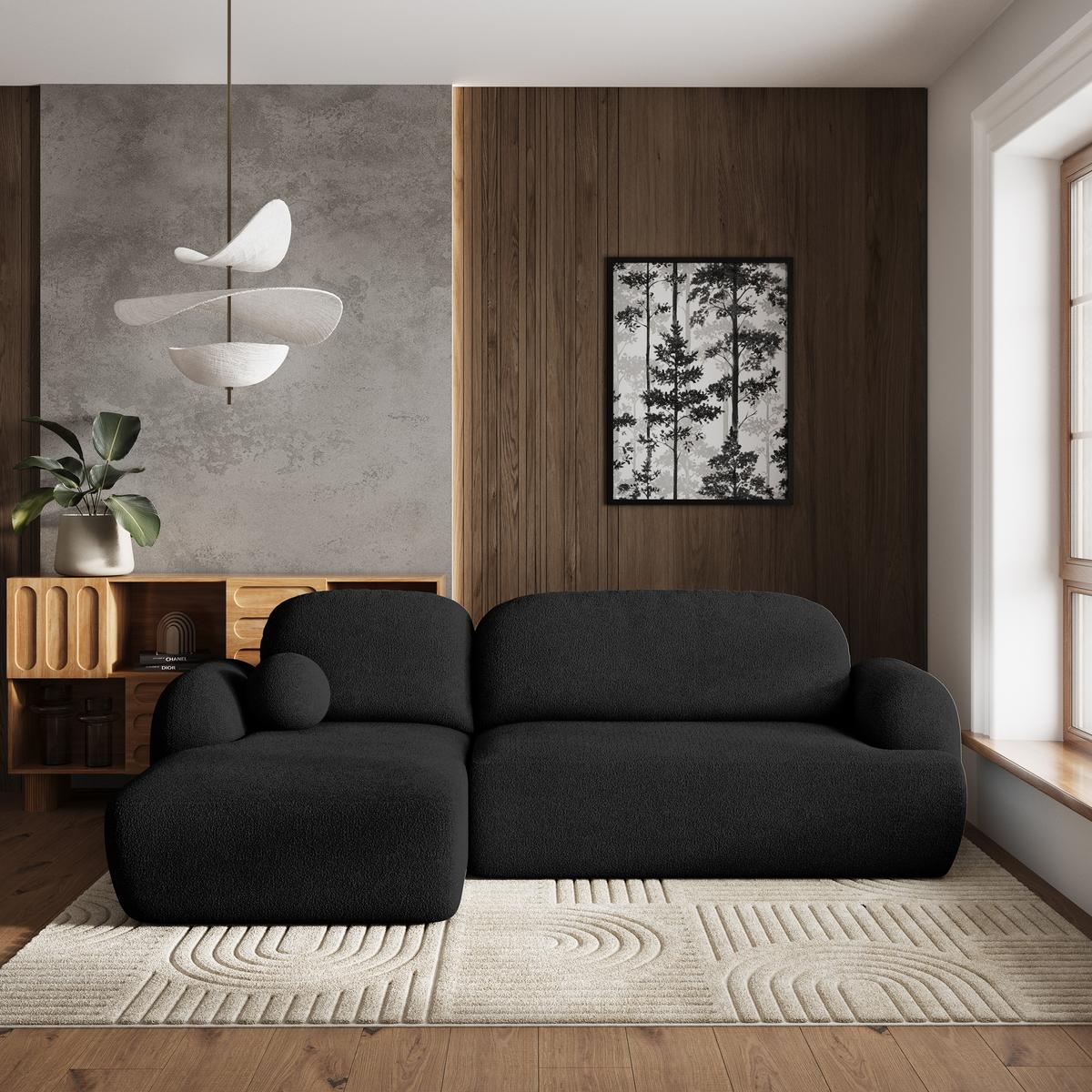 ECKSOFA MODENZA N L-S Schwarz Boucle-Stoff mit Schlaffunktion - Schwarz, Holz/Kunststoff (266/148cm) - MASSENO