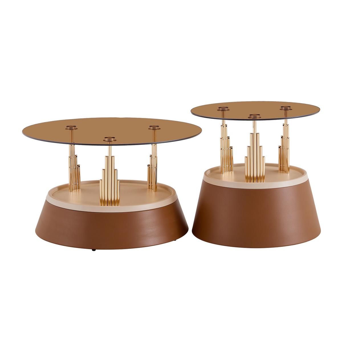 COUCHTISCH 2-teilig Glas & Metall Nesting-Design Rund Braun - Braun, Glas (48/70/60cm) - Urban Meuble