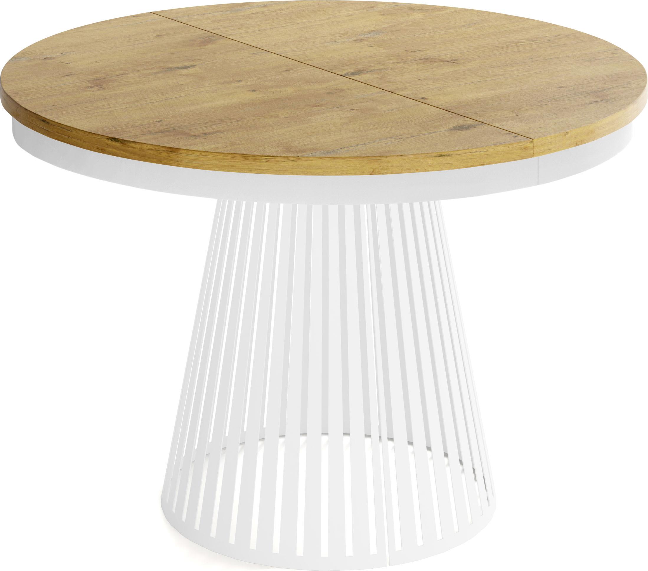 ESSTISCH Naro rund ausziehbar mit Weißem Lamellen-Metallgestell, Braun 120-200/120/76 cm - Eichefarben/Weiß, Holzwerkstoff/Metall (120/196/76cm) - WFL GROUP