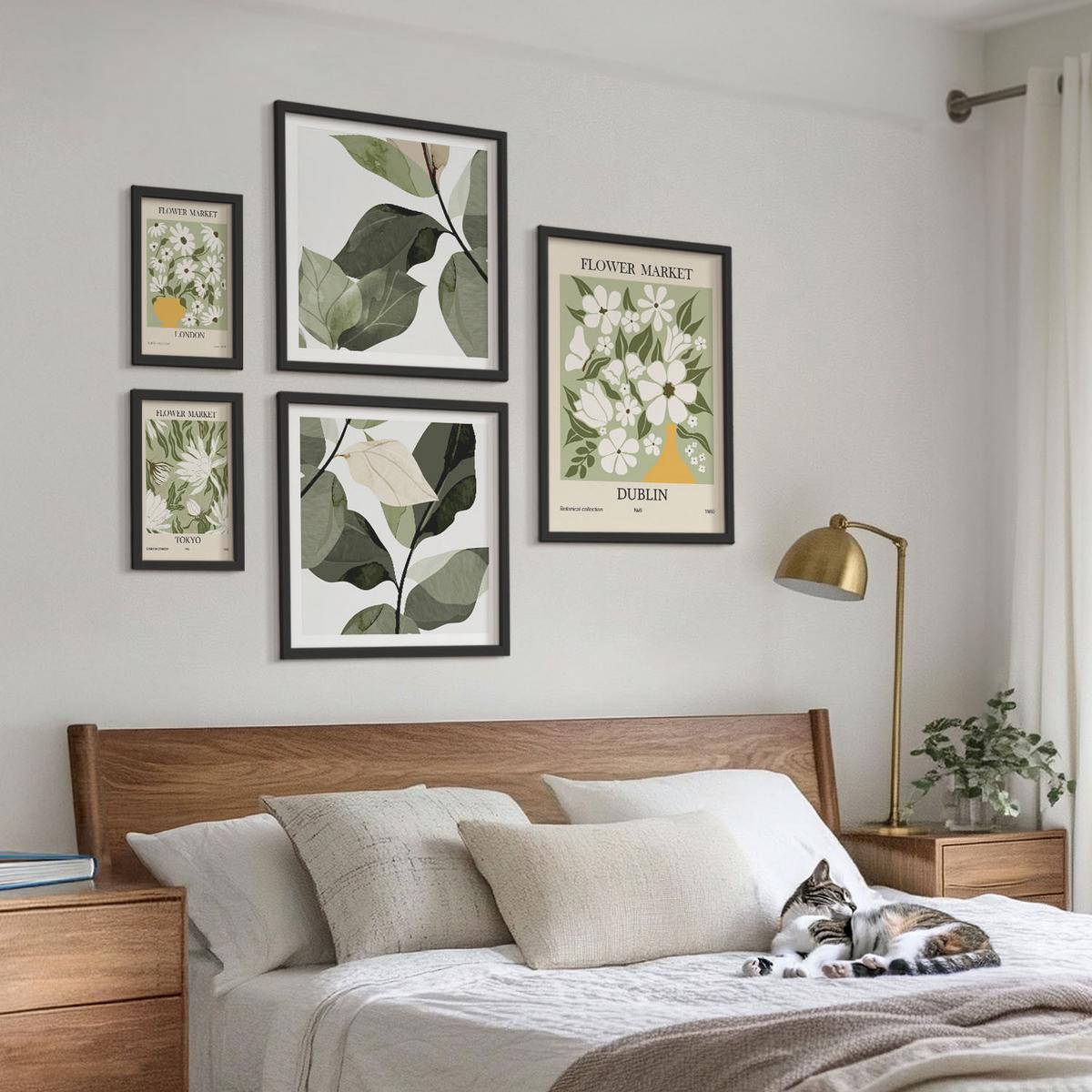 BILDER SET 5er Set - 50x50 cm & 20x30 cm & 40x60 cm Schwarzer Rahmen - Blumenmuster London Dublin - Schwarz, Kunststoff (40/60cm) - TULUP