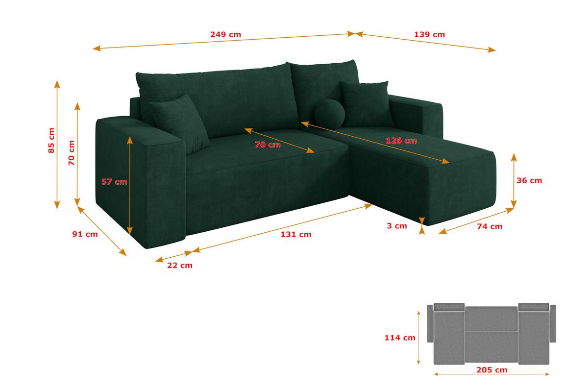 ECKSOFA mit Schlaffunktion Ottomane Rechts SENO-L 249x139x85 Grün Velours - Schwarz/Grün, Holzwerkstoff/Kunststoff (249/139cm) - ALTDECOR