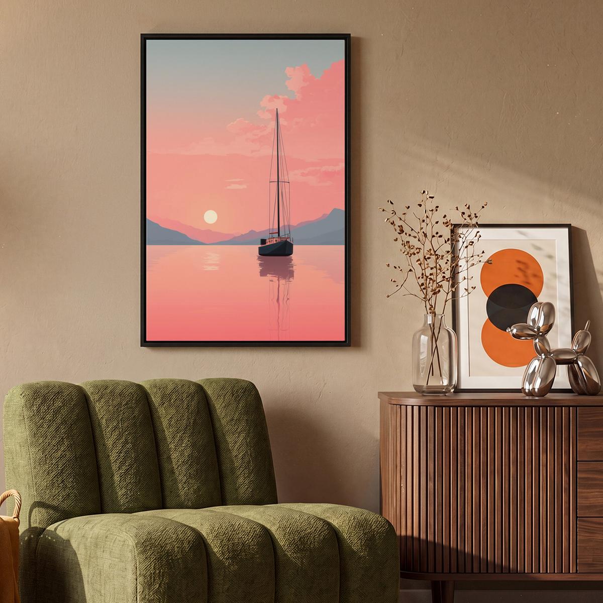 LEINWAND Bilder mit Rahmen - Segelboot - Rosa Meer - Sonnenuntergang - Berge - 60x90 - Rosa, Textil (60/90cm) - MuchoWow