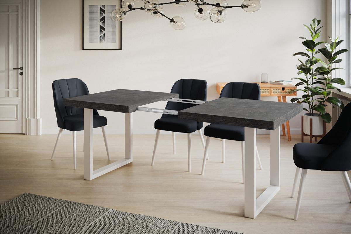 INDUSTRIELLER Esszimmertisch LOFT-U, ausziehbarer Tisch, Größe: 120-220X80X77 cm, Wohnzimmertisch Farbe: Dunkelgrau, mit Metallbeinen in Farbe Weiß - Dunkelgrau/Weiß, Holzwerkstoff (120/80/77cm) - Alpi-Möbel