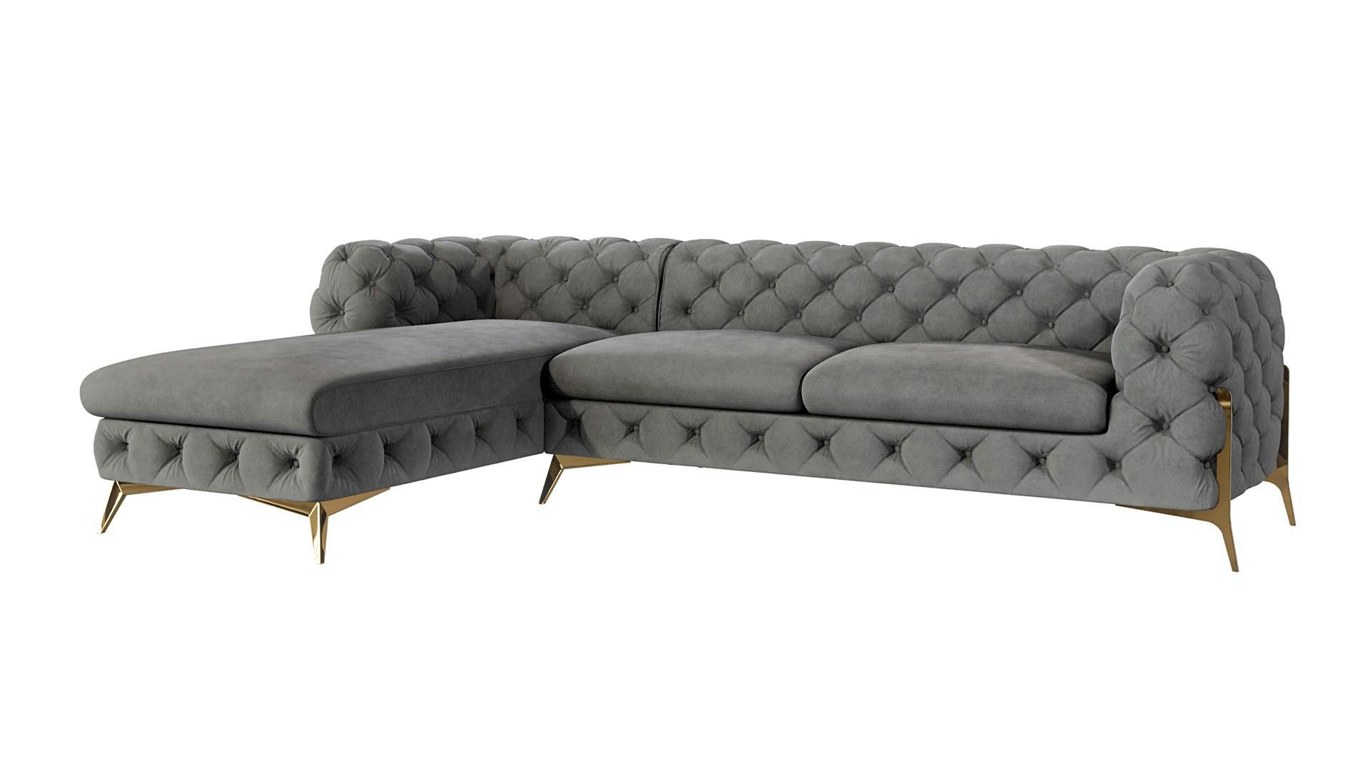 ECKSOFA Chesterfield Lexi Grau Samt, Ottomane links - Goldfarben/Grau, Holz/Textil (305/200cm) - S-Style Möbel