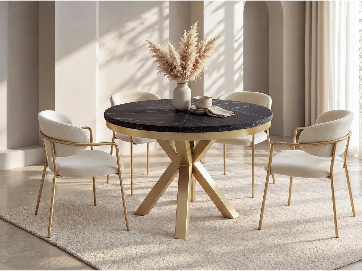 ESSTISCH Clara Gold runder ausziehbarer, Marmor Schwarz 120-200/120/76 cm - Anthrazit/Goldfarben, Holzwerkstoff/Metall (120/196/76cm) - WFL GROUP