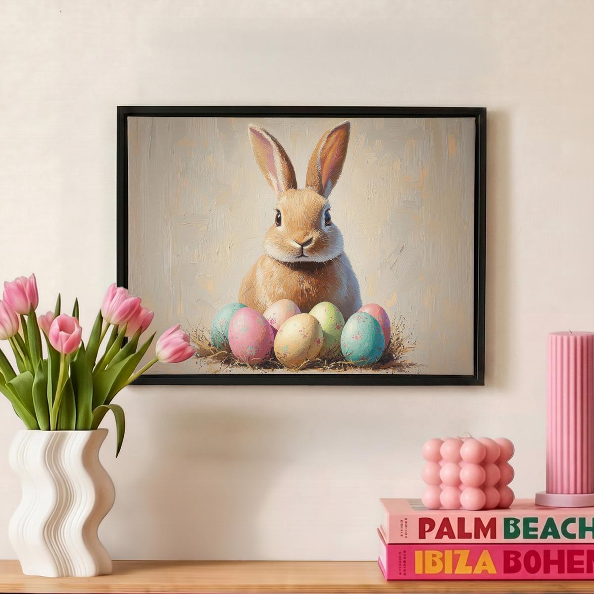 LEINWAND Bilder mit Rahmen - Osterhase - Pastell - Eier - 40x30 - Beige, Textil (40/30cm) - MuchoWow