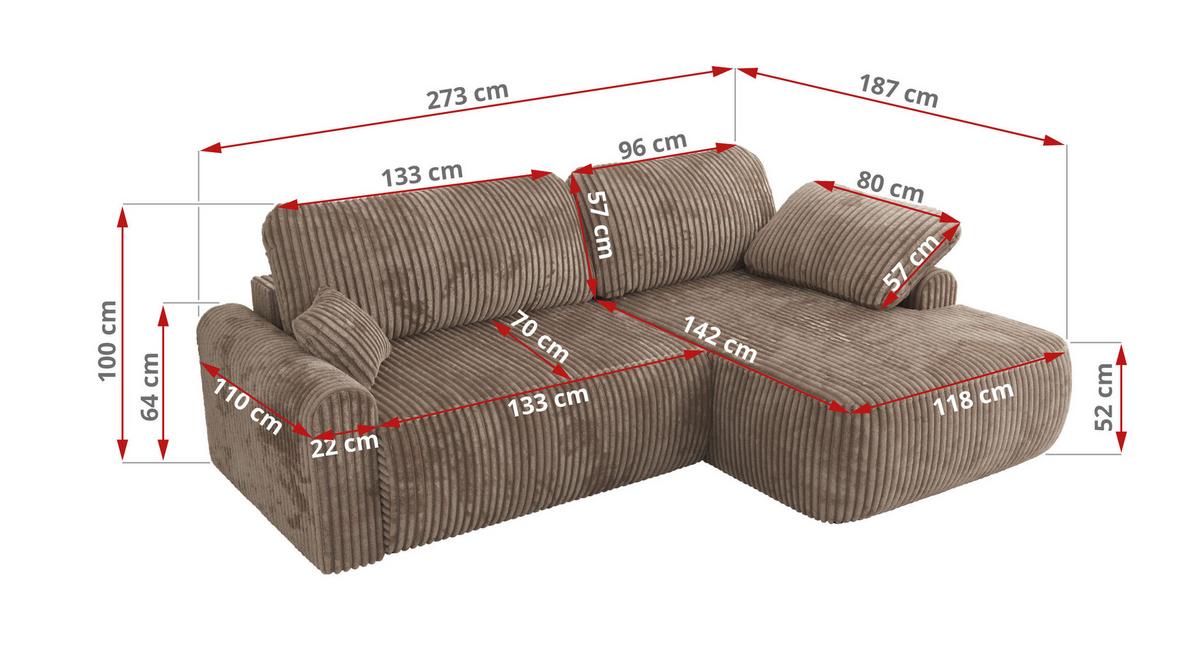 ECKSCHLAFSOFA CUBO L Braun Cord - links - Schwarz/Braun, Kunststoff/Textil (273/187cm) - MKS