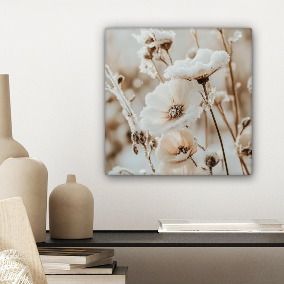 LEINWANDBILD Blumen - Winter - Weiß - Schnee - Beige Deko Wohnzimmer 20x20 cm - Creme, Textil (20/20cm) - MuchoWow