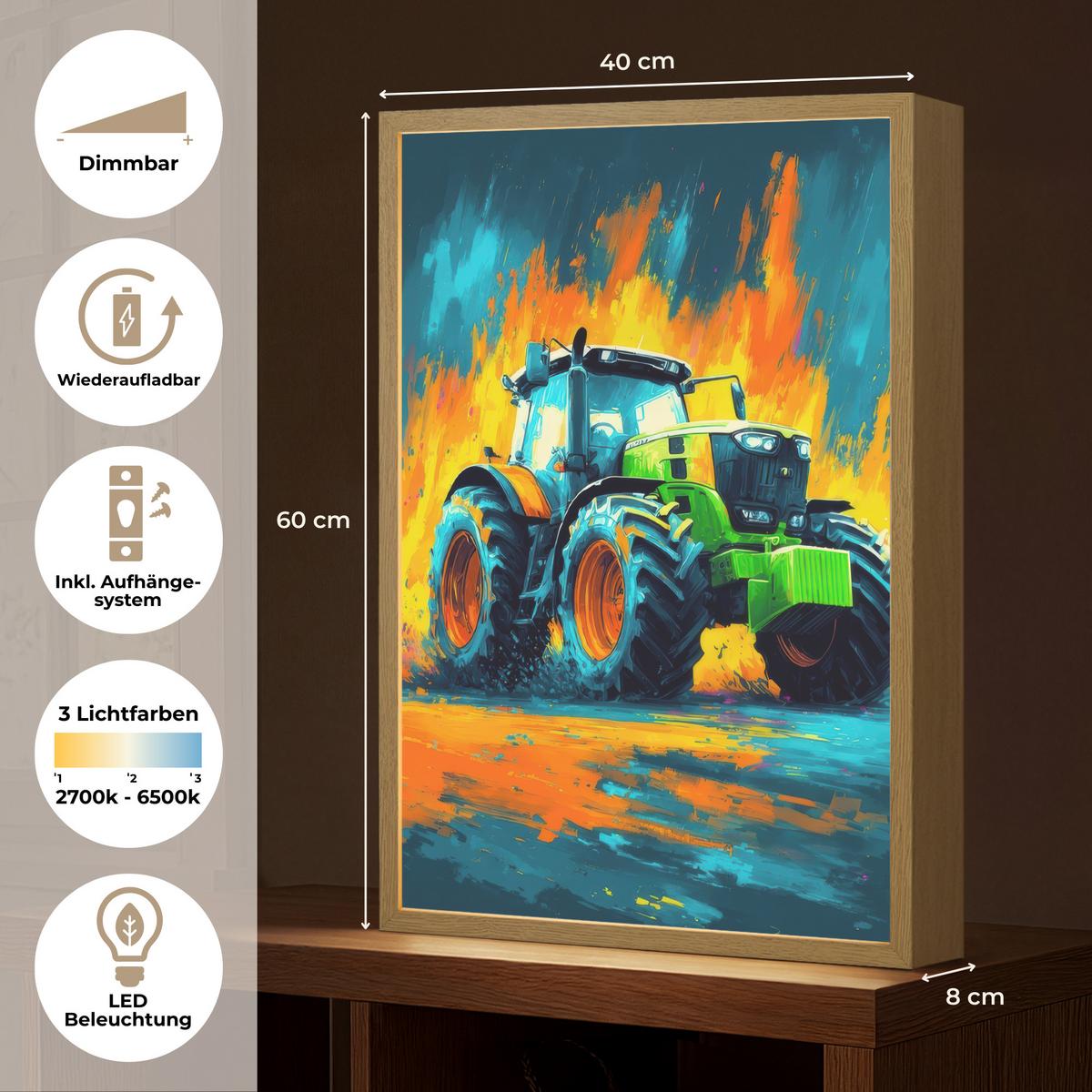 WANDLEUCHTE MIT AKKU Abstrakt - Traktor - Grün 40x60 cm - Dunkelblau, Holzwerkstoff (40/60/8cm) - OnlyWow