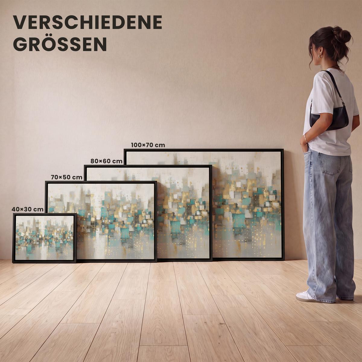 LEINWAND Bilder mit Rahmen - Abstrakt - Blöcke - Gold - Skyline - 40x30 - Beige, Textil (40/30cm) - MuchoWow