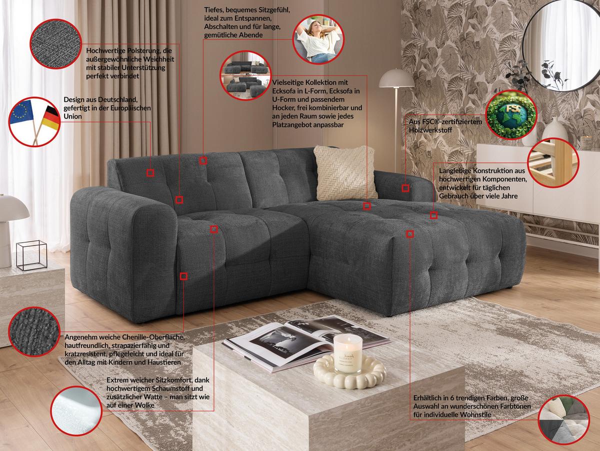 ECKSOFA Kozy im Bumpy-Design mit fester Rückenlehne aus weichem Grau Chenille-Stoff - Ottomane rechts - Schwarz/Grau, Holz/Kunststoff (234/161cm) - S-Style Möbel