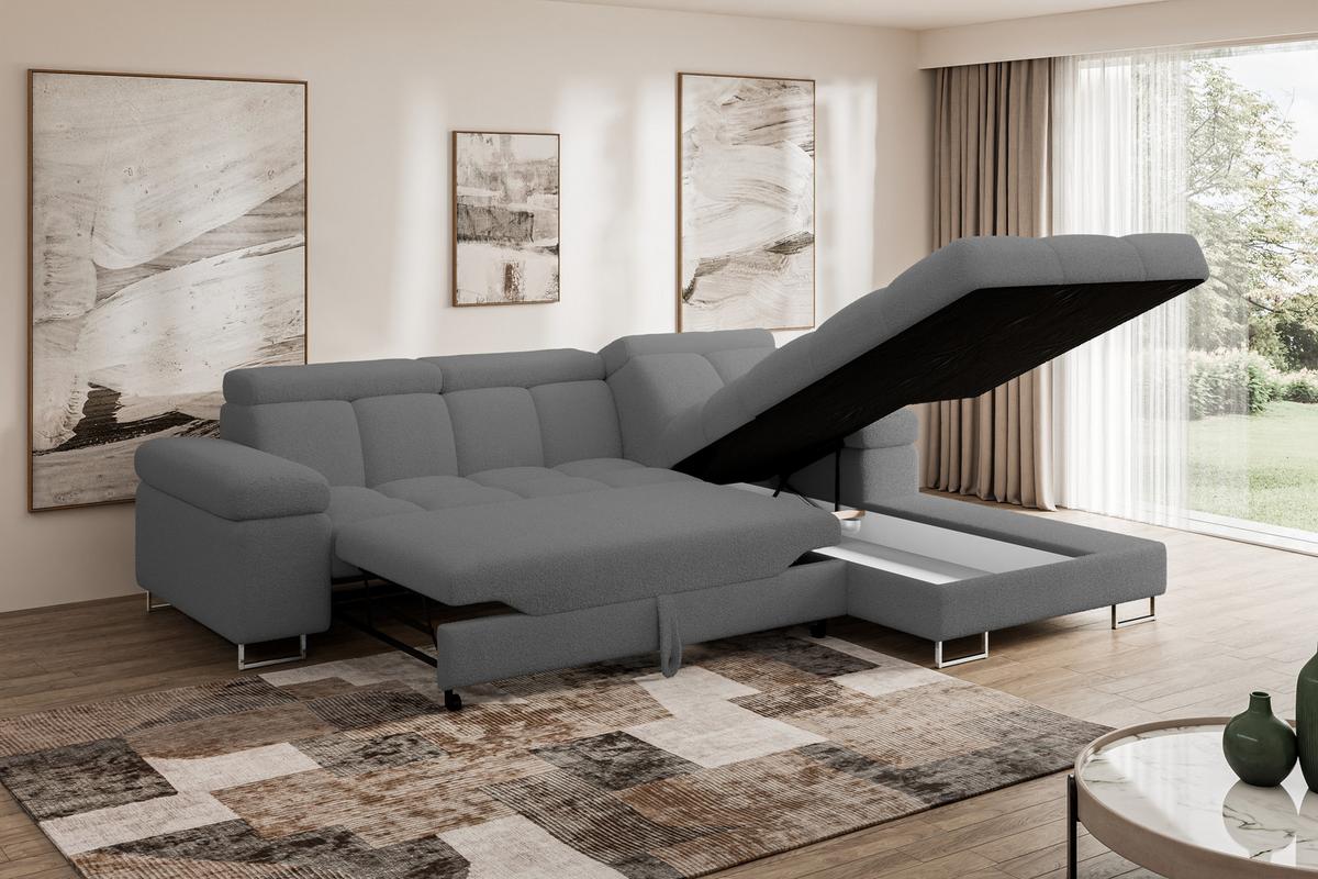 ECKSOFA mit Schlaffunktion Ottomane Rechts COMA L 271x203x79 Grau Bouclé - Chromfarben, Holzwerkstoff/Textil (203/271cm) - ALTDECOR