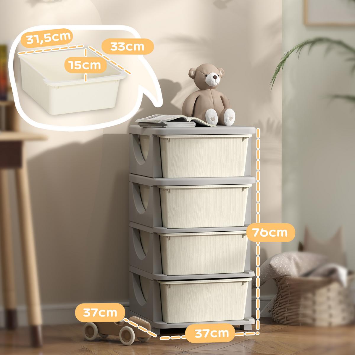 AUFBEWAHRUNGSBOXEN für Kinder, 4 große Schubladen, Kunststoff - Creme, Kunststoff (37/76/37cm) - HOMCOM
