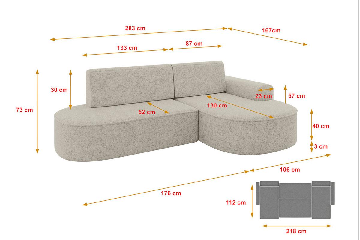 ECKSOFA mit Schlaffunktion und Bettkasten Ottomane Rechts MARI-L1-S - 283x167x73 cm Beige Tissu - Beige/Schwarz, Holzwerkstoff/Kunststoff (167/283cm) - ALTDECOR