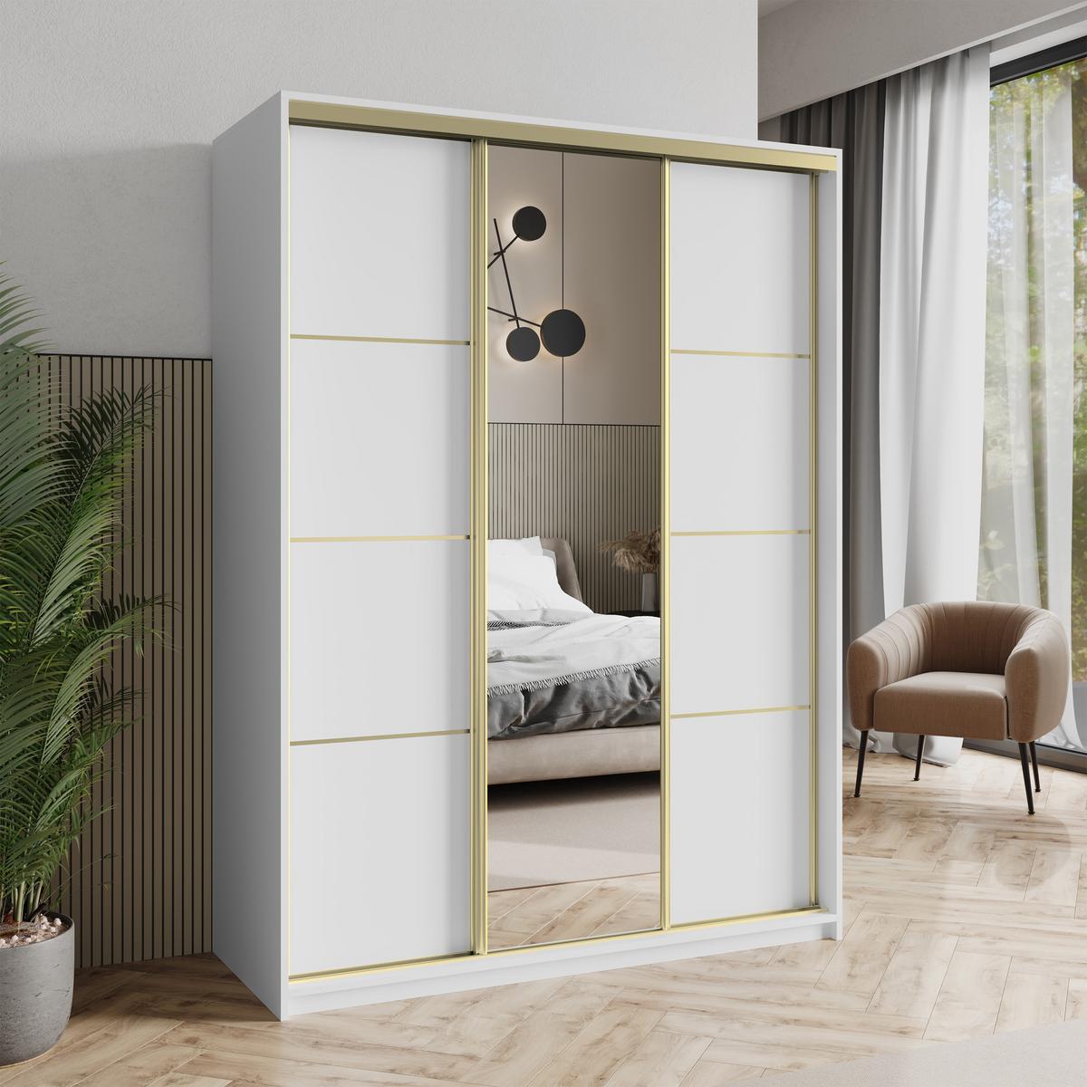 SCHWEBETÜRENSCHRANK VARO 150/205/60 cm 3-türig mit Spiegel Weiß - Weiß, Holzwerkstoff (150/205/60cm) - MASSENO