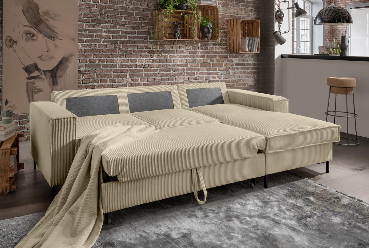 ECKSOFA mit Schlaffunktion, Bettkasten, Wellenunterfederung, Récamiere rechts B240/T150/H92 cm, Liegefl. 125x198 cm, Cord Beige Grau / 17220 - Greige/Schwarz, Textil/Metall (240/150cm) - luma-home