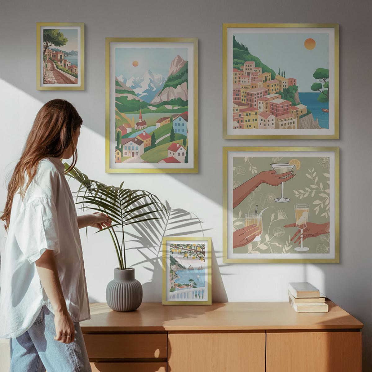 BILDER SET 5er Set - 50x50 cm & 20x30 cm & 40x60 cm Goldrahmen - Meereslandschaften, Zitrusfrüchte - Goldfarben, Kunststoff (40/60cm) - TULUP