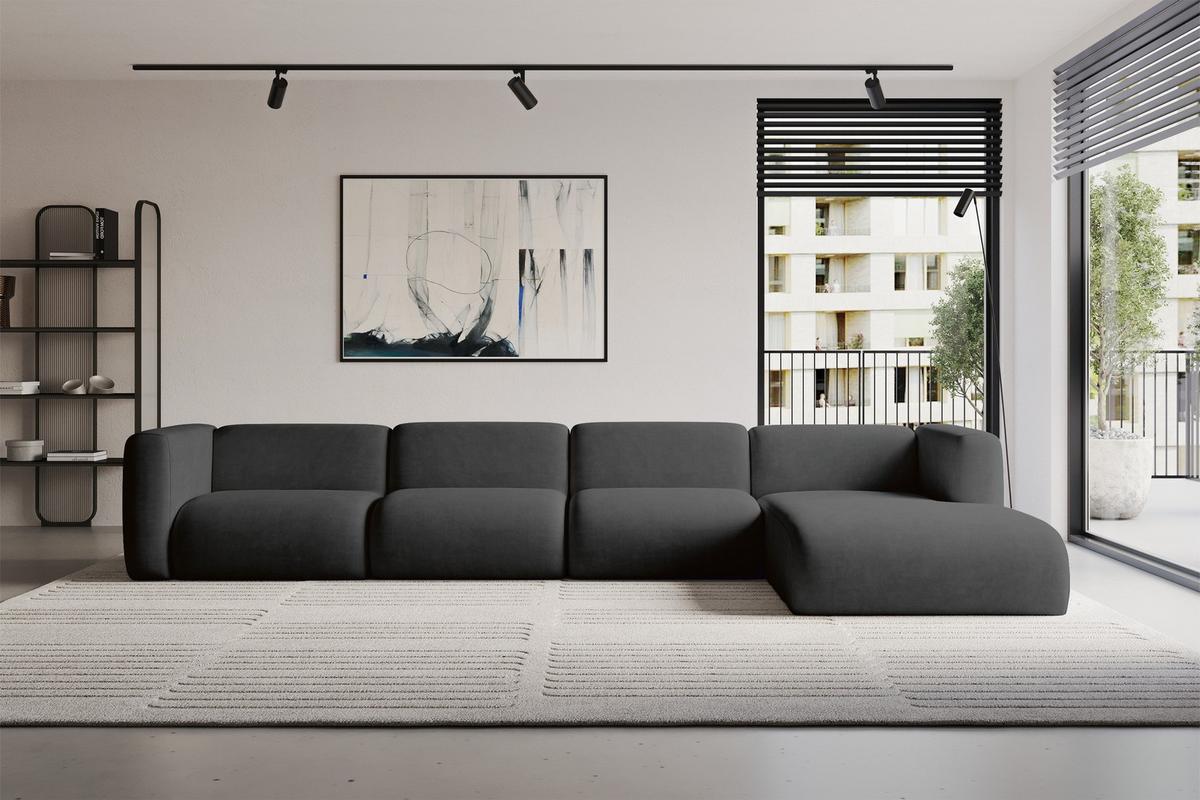 ECKSOFA Ottomane Rechts MIRA-L3 409x179x70 Schwarz Velours - Anthrazit/Schwarz, Holzwerkstoff/Kunststoff (409/179cm) - ALTDECOR