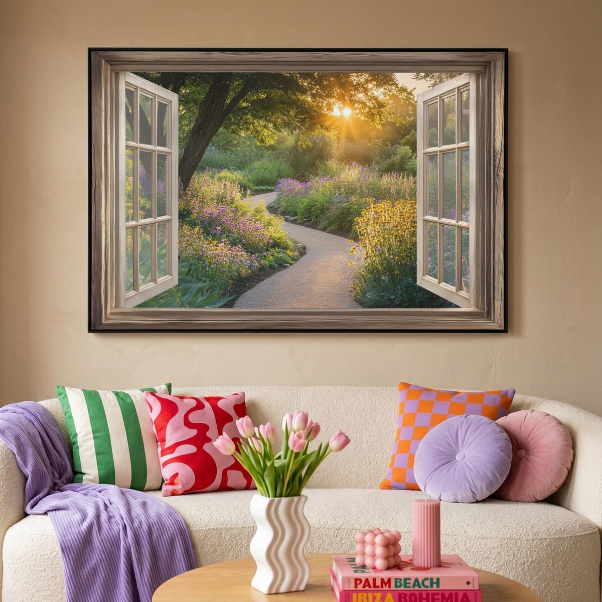 LEINWAND Bilder mit Rahmen - Aussicht - Blumen - Natur - Sonne - Weg - 120x80 - Hellgelb, Textil (120/80cm) - MuchoWow