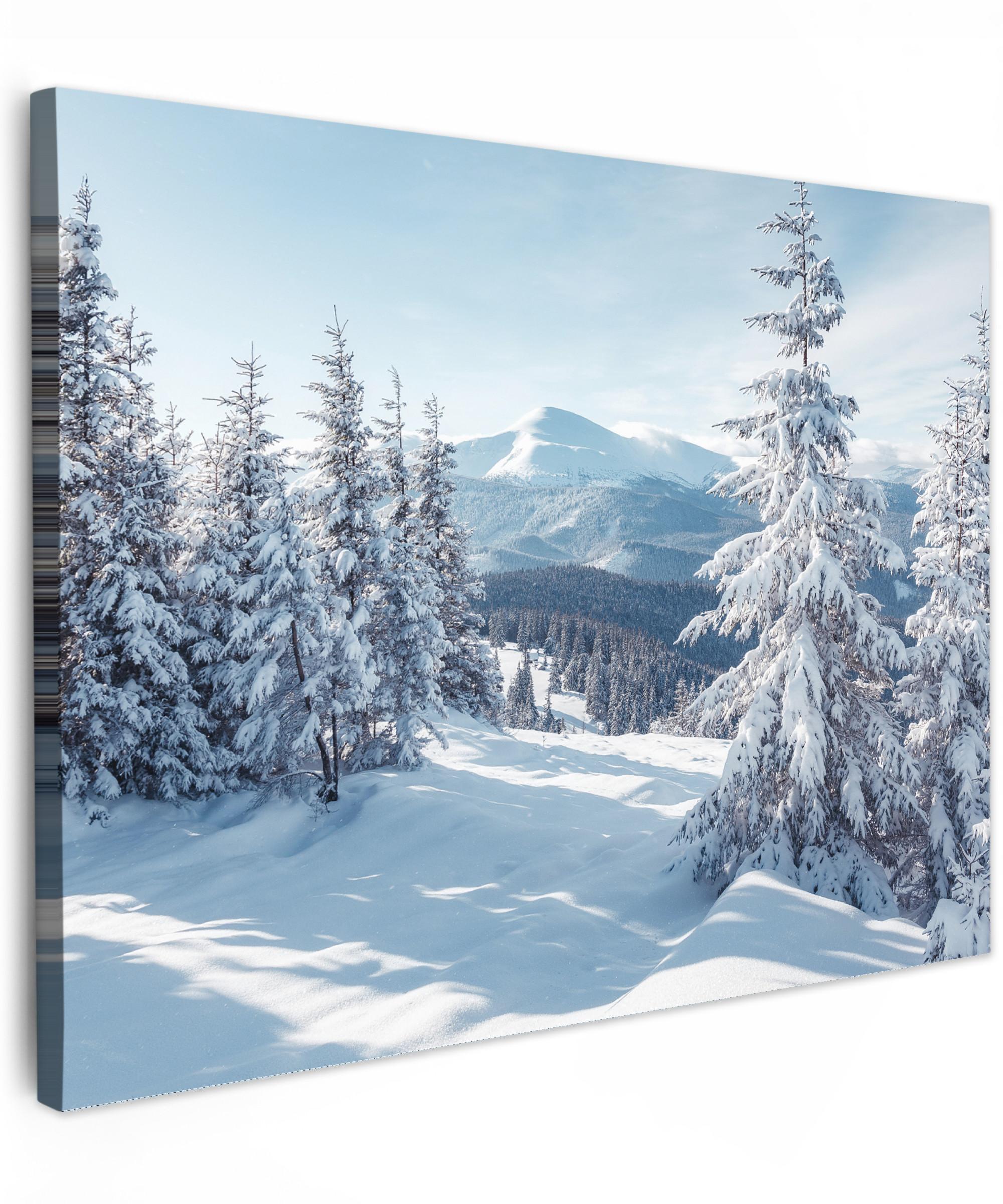 LEINWANDBILD Winterlandschaft - Natur - Berge - Bäume - Schnee Wandbild 40x30 cm - Hellblau, Textil (40/30cm) - MuchoWow