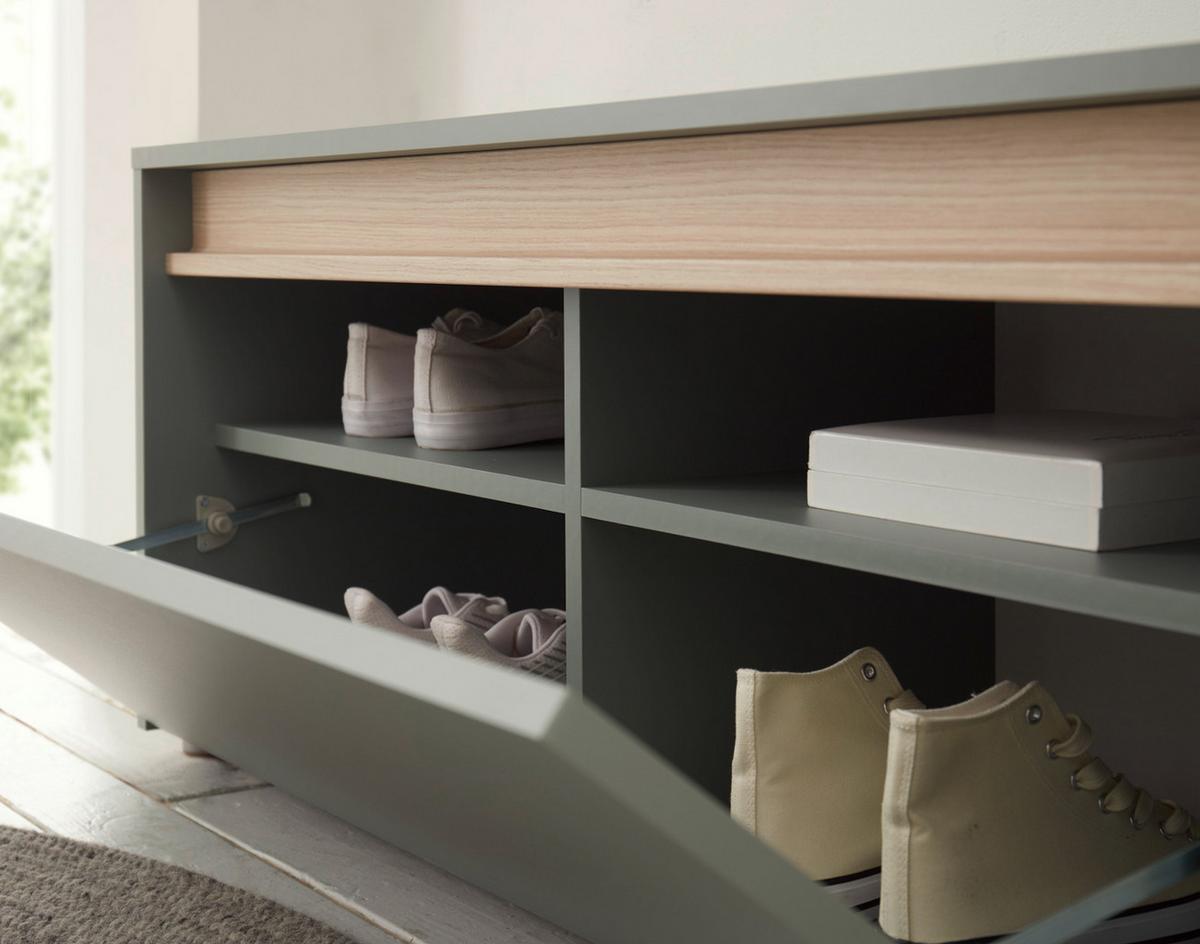 GARDEROBENBANK Salbei grün und Eiche, Schuhbank mit 4 Fächern, Breite 100 cm - Salbeigrün/Eichefarben, Holz/Holzwerkstoff (100/45/40cm) - Furn.Design