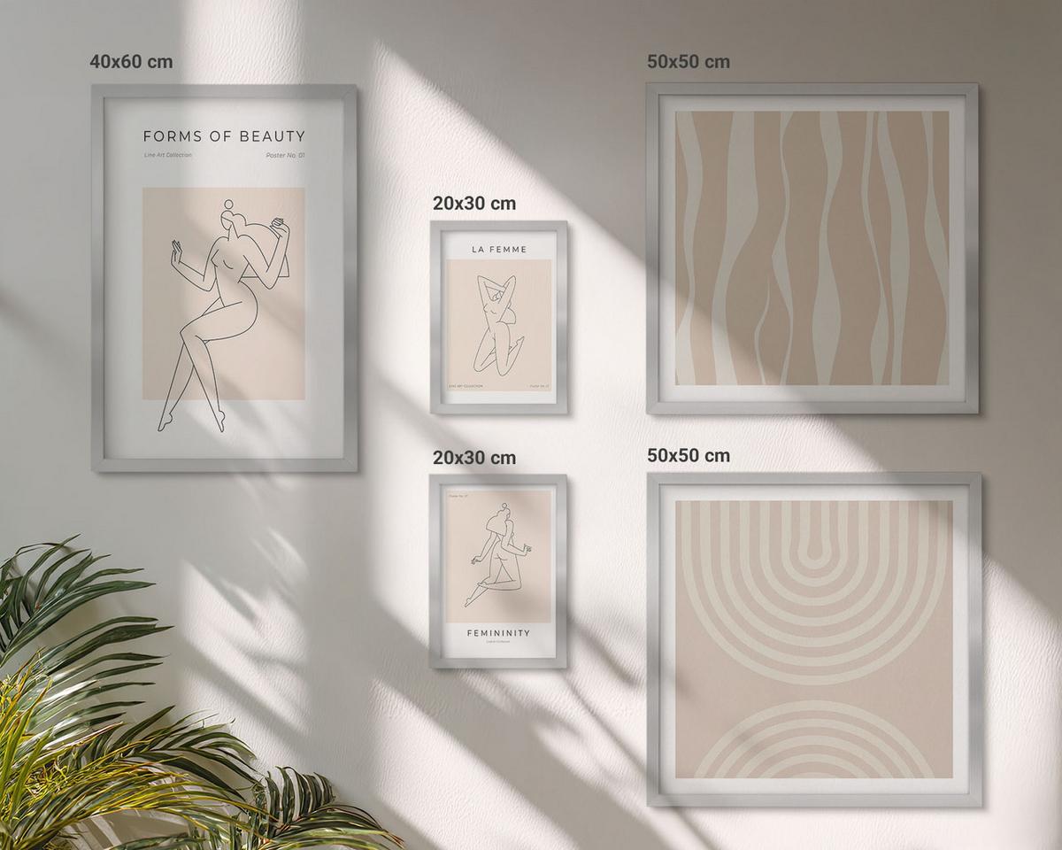 BILDER SET 5er Set - 50x50 cm & 20x30 cm & 40x60 cm Silberner Rahmen - Eine Sammlung minimalistischer Formen - Silberfarben, Kunststoff (40/60cm) - TULUP
