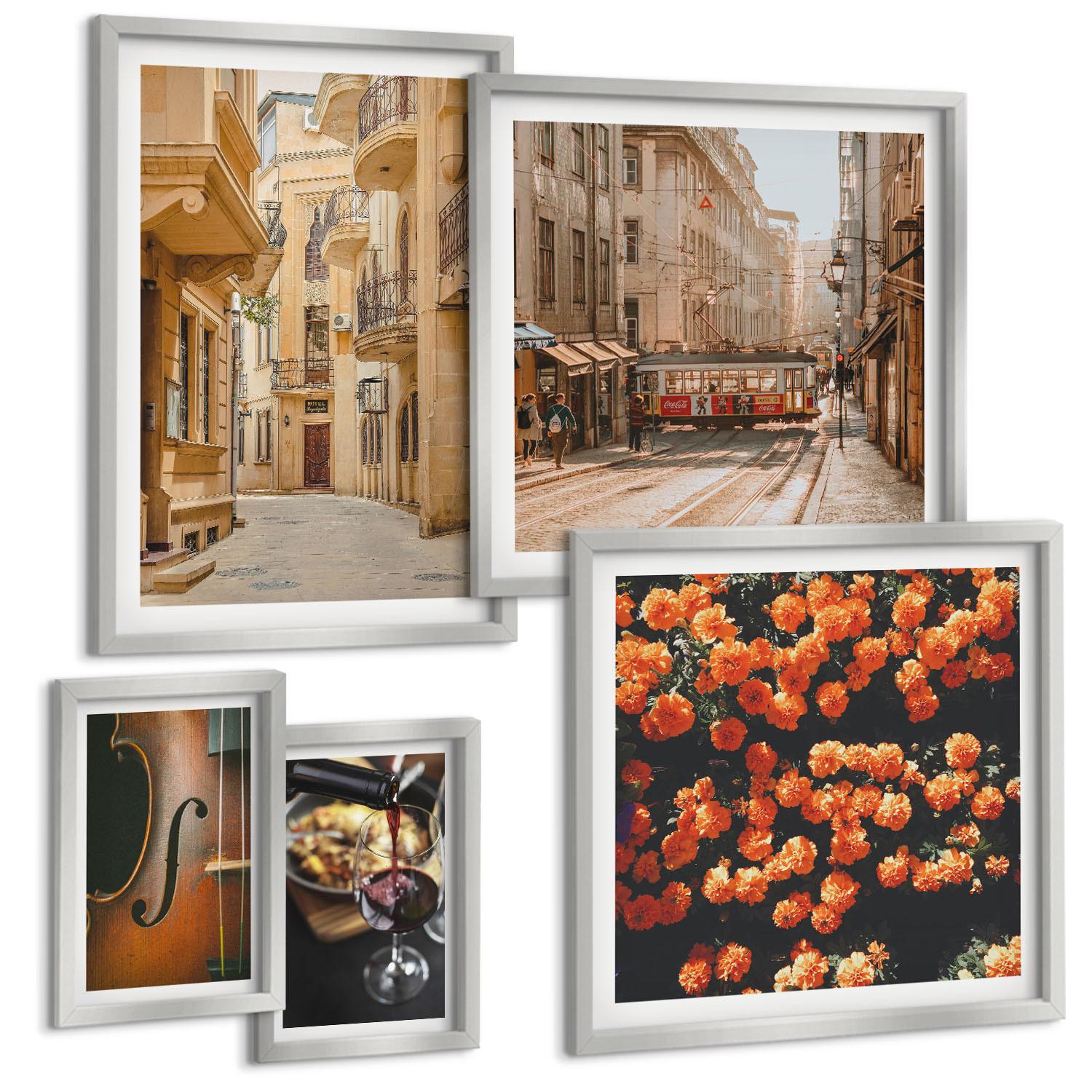 BILDER SET 5er Set - 50x50 cm & 20x30 cm & 40x60 cm Silberner Rahmen - Vintage Blumen Straße Wein Geige - Silberfarben, Kunststoff (40/60cm) - TULUP