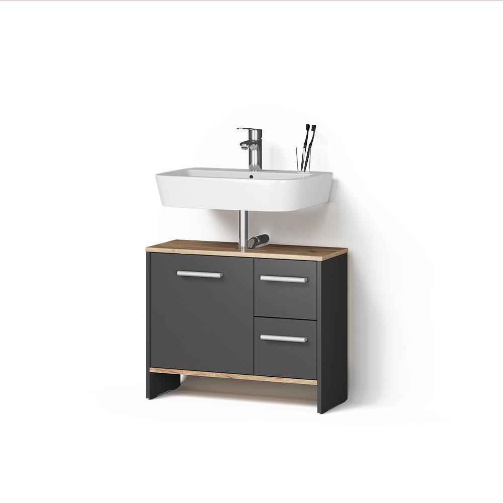 WASCHBECKENUNTERSCHRANK Amalfi Anthrazit/Goldkraft Eiche 70.2 x 57 cm mit 2 Schubladen und 1 Tür - Honigeiche/Anthrazit, Holzwerkstoff (70.2/57/27.9cm) - Livinity®