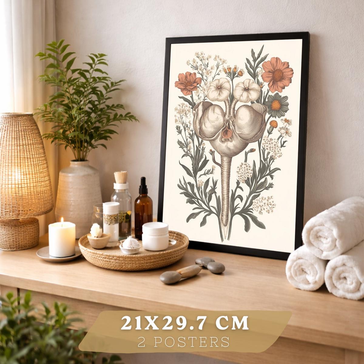 POSTER Set aus 2 Anatomie Mensch Drucke und Wandbilder mit Weiblicher Silhouette und Fortpflanzungssystem Botanischer Stil Größe Schwarzer Rahmen A4 - Schwarz, Papier (21/29.7/3cm) - Nacnic