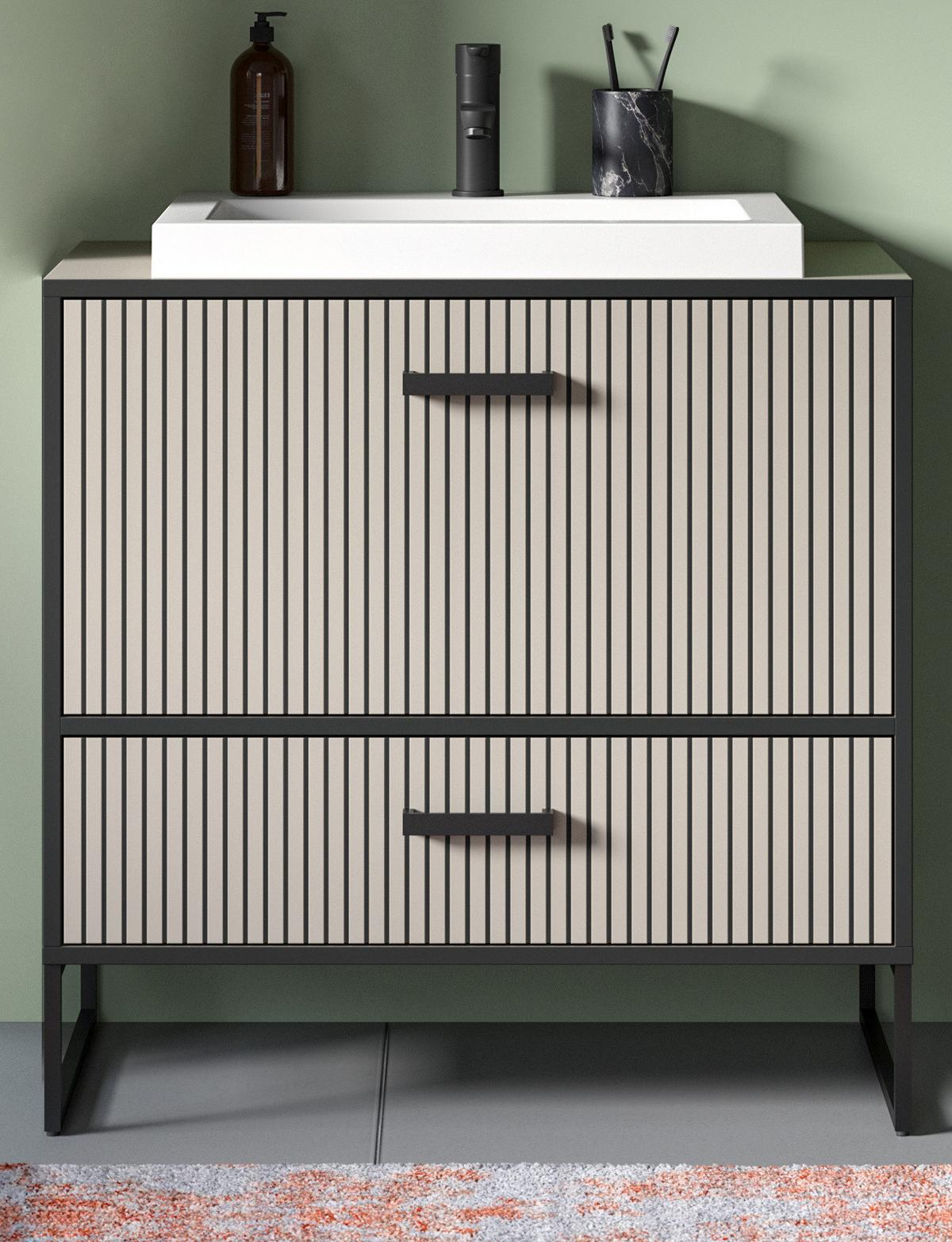WASCHTISCHKOMBI Waschbeckenunterschrank mit Waschbecken, Sand Schwarz, Soft-Close - Sandfarben/Schwarz, Keramik/Holzwerkstoff (80/84/48cm) - Inn.Furn