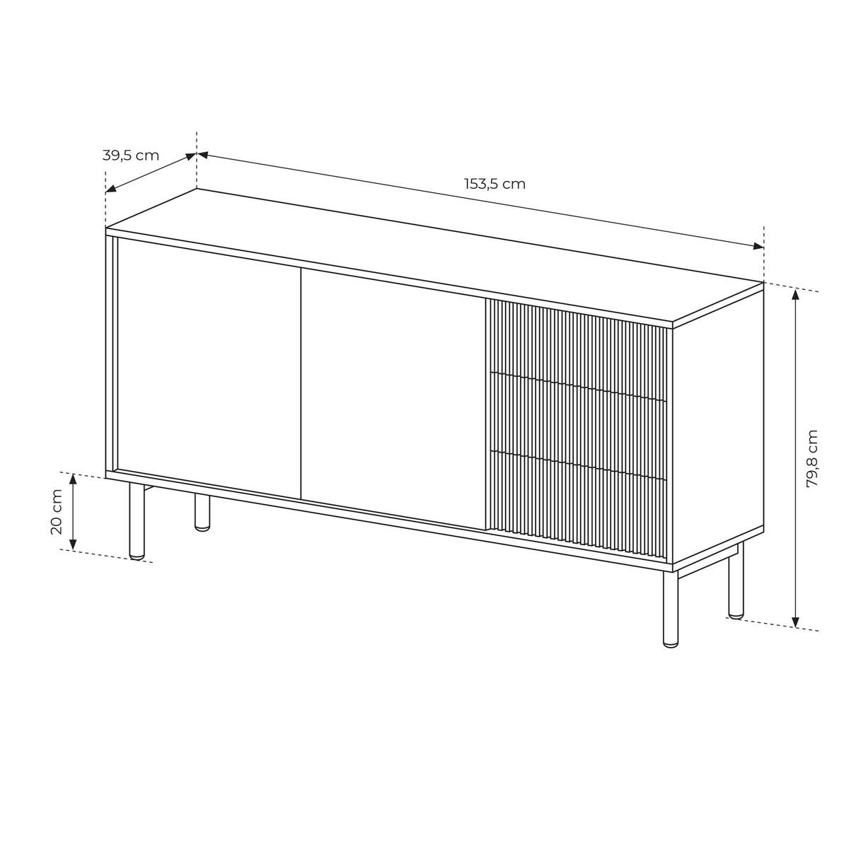 SIDEBOARD Trentinis 2T 3S Beige 153,5/81,4/39,5 cm – Geriffelte Fronten - Eichefarben, Holzwerkstoff/Metall (153.5/79.8/39.5cm) - AX Living