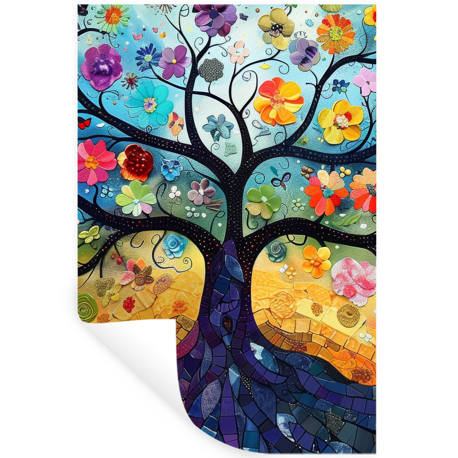 WANDTATTOO Kunst - Baum des Lebens - Blumen - Hippie Wandaufkleber 80x120 cm - Dunkelblau, Kunststoff (80/120/0.1cm) - MuchoWow