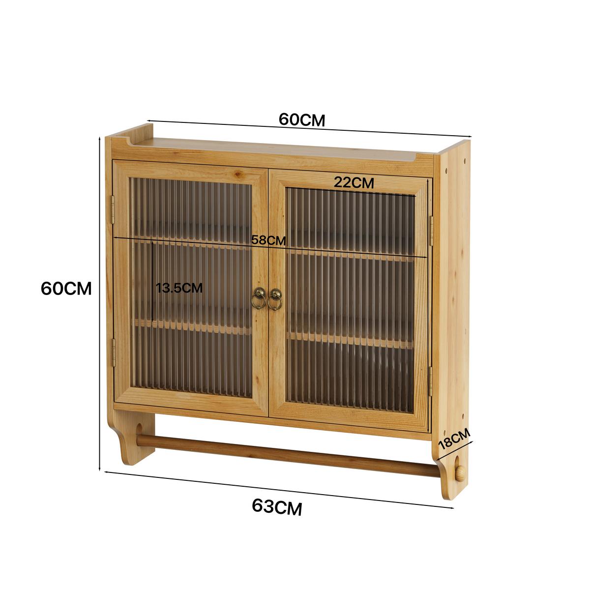 WANDSCHRANK Vintage Naturholz mit Glastüren, 3 Ebenen & Handtuchhalter 63cm - Naturfarben, Holzwerkstoff (63/60/18cm) - Urban Meuble