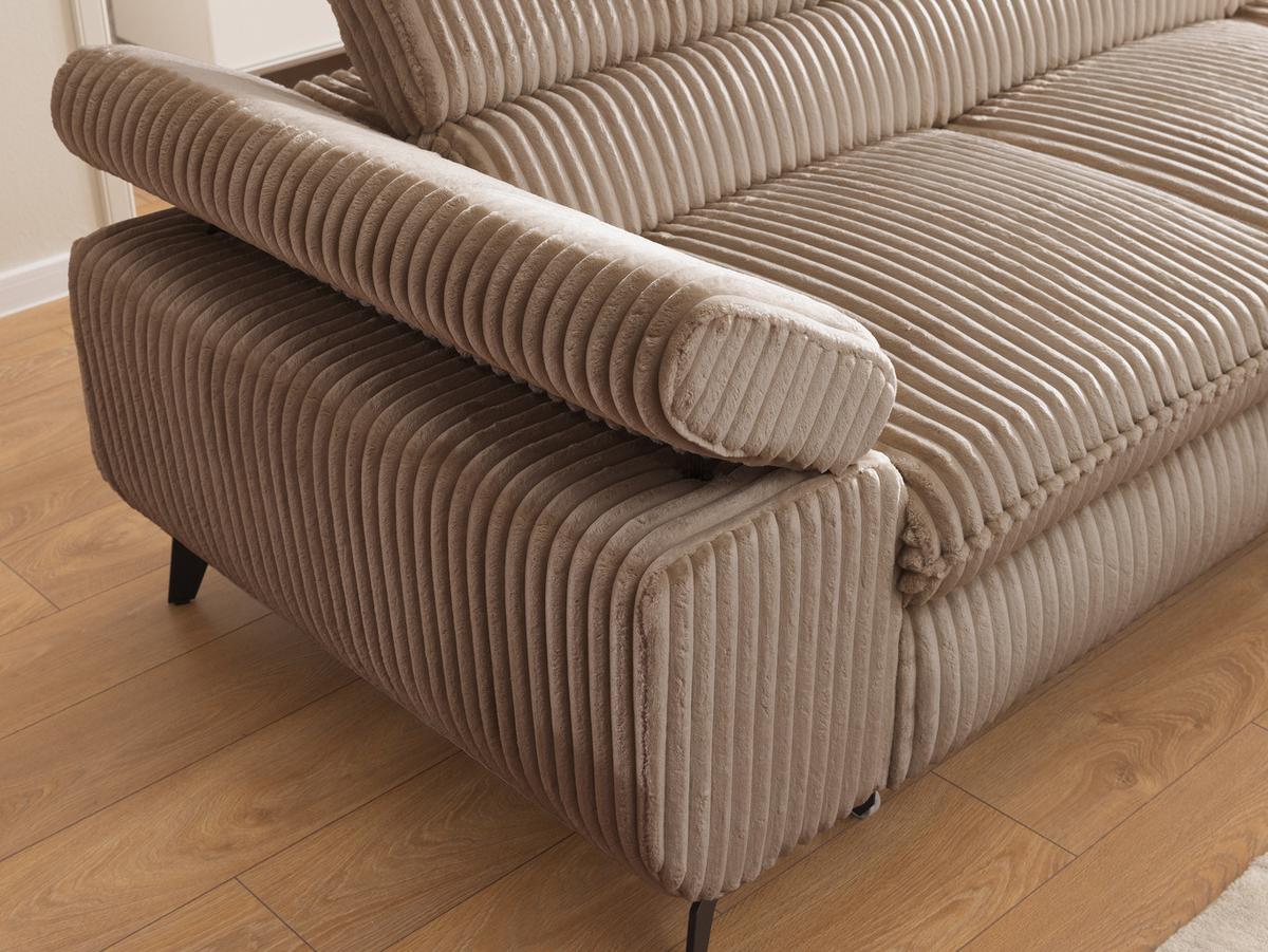 ECKSOFA mit Schlaffunktion und Bettkasten Bonnie aus Beige Cord-Stoff mit verstellbaren Kopfstützen und Armlehne - Ottomane rechts - Beige/Schwarz, Holz/Textil (275/210cm) - S-Style Möbel