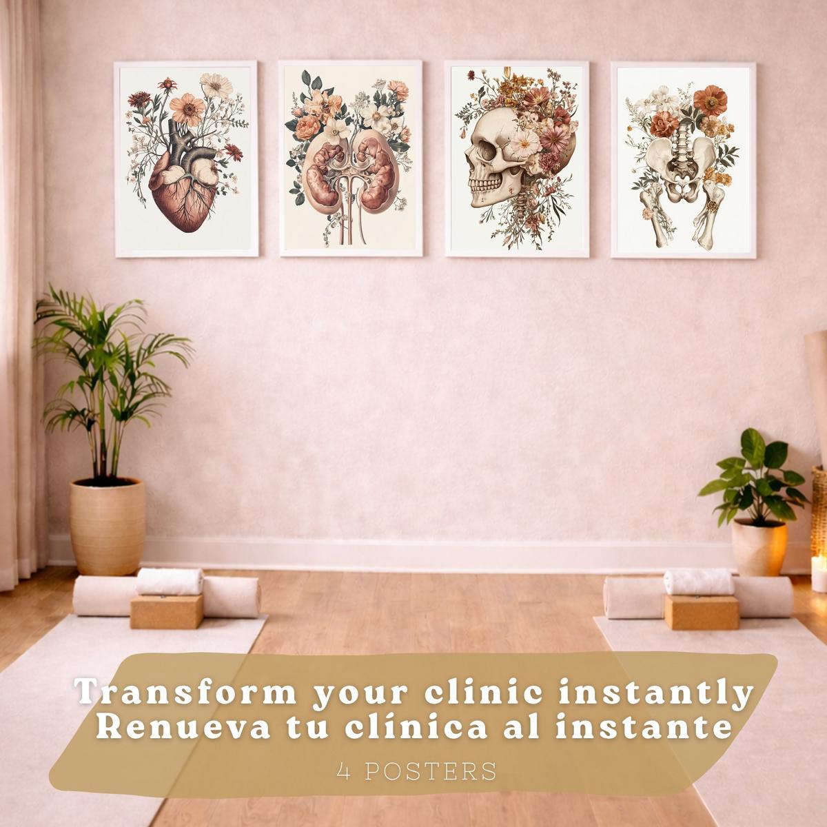 POSTER Set aus 4 Anatomie Drucke und Wandbilder mit Herz Nieren Schädel und Becken Botanischer Stil Medizinische Wanddekoration Größe Weißer Rahmen A3 - Weiß, Papier (29.7/42/3cm) - Nacnic