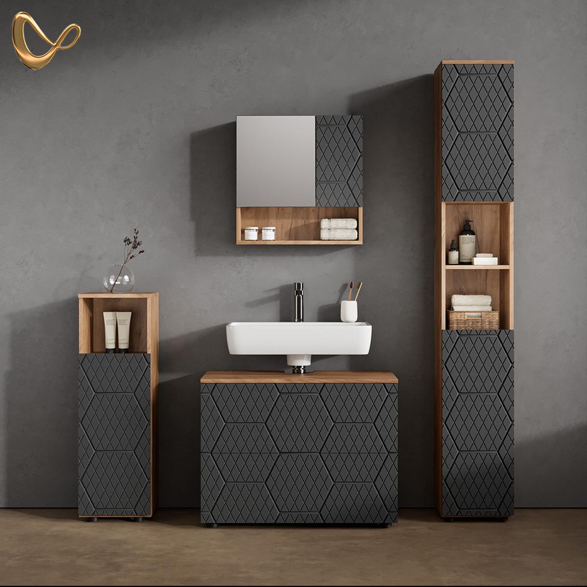 BADMÖBEL-SET Ronco Anthrazit mit Wabenstruktur 4 Teile, mit Schubladenschrank und Hochschrank - Anthrazit, Holzwerkstoff (80/58/41cm) - Livinity®