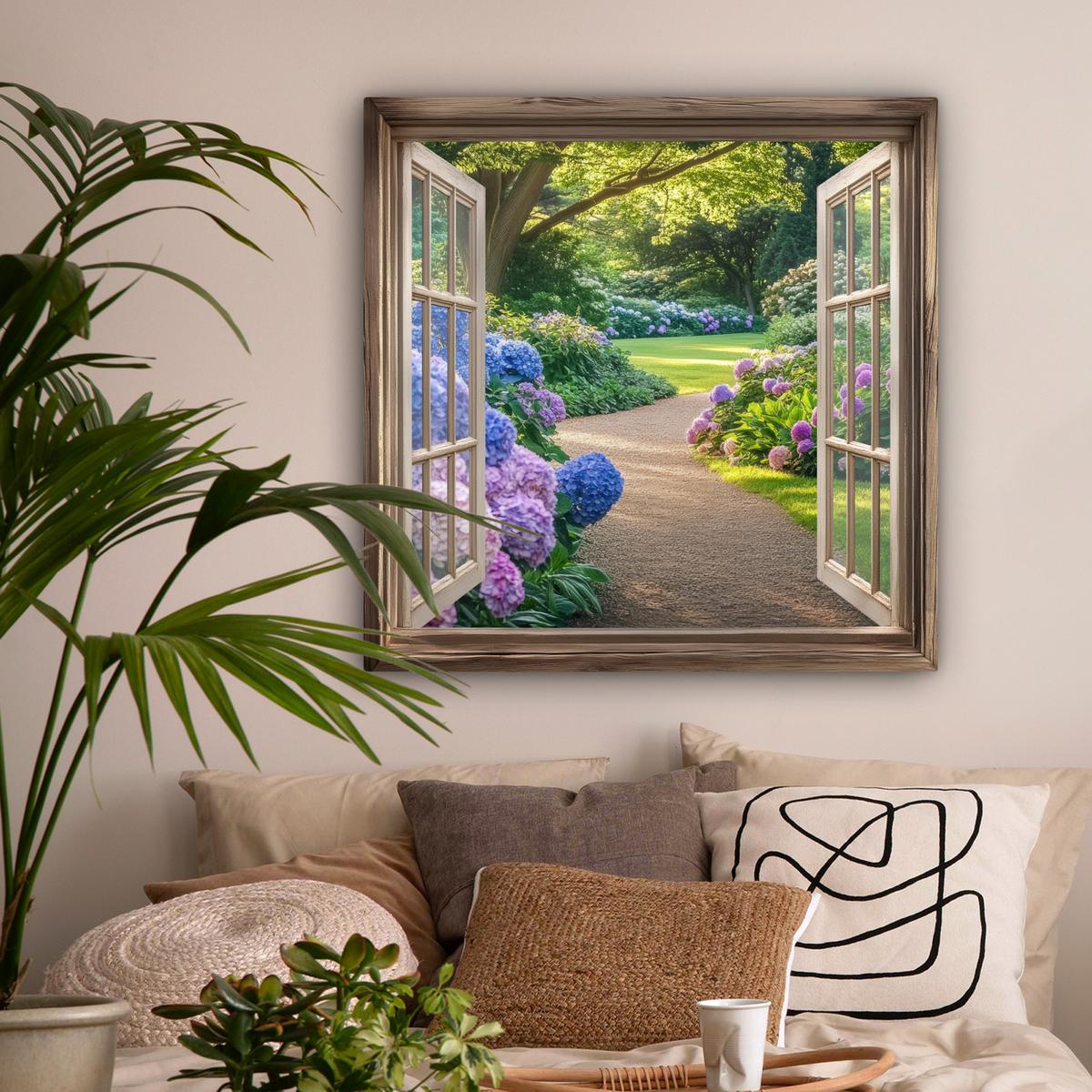 LEINWANDBILD Aussicht - Garten - Fenster - Hortensie - Blumen Deko Groß 90x90 cm - Pastellblau, Textil (90/90cm) - MuchoWow