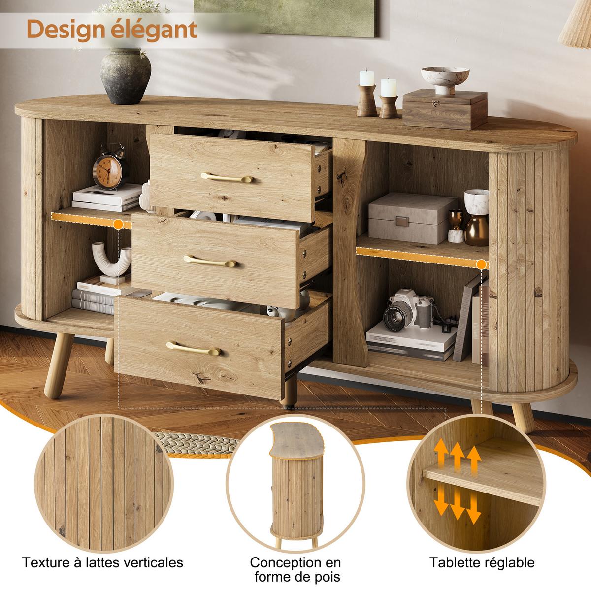 SIDEBOARD holzoptik & erbsenform 2 schiebetüren & 3 schubladen - Naturfarben, Holzwerkstoff (150/75/36.5cm) - Urban Meuble