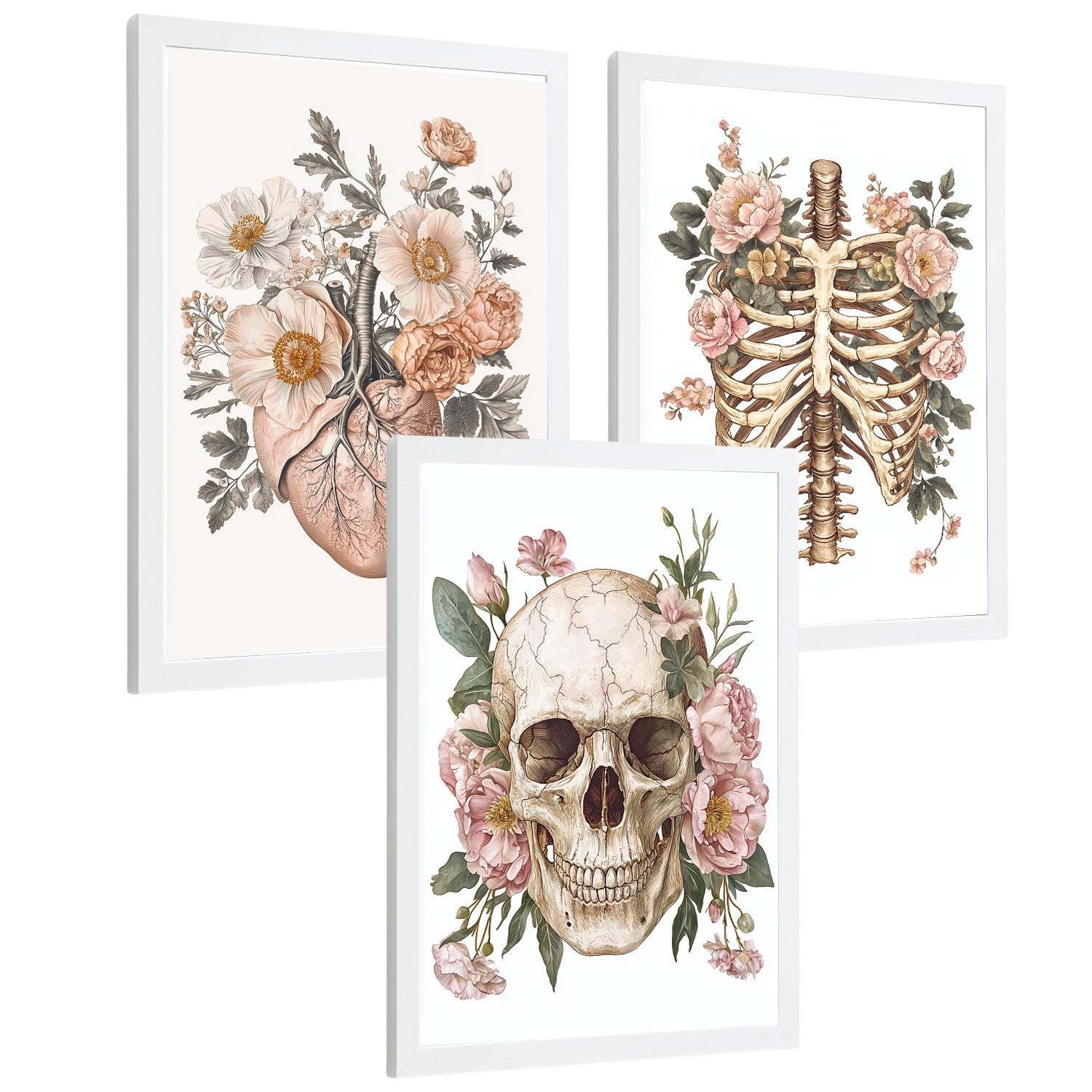 POSTER Set aus 3 Anatomie Mensch Florale Drucke und Wandbilder mit Herz Schädel und Brustkorb Weicher Vintage Stil Größe Weißer Rahmen A3 - Weiß, Papier (29.7/42/3cm) - Nacnic