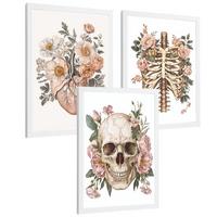 POSTER Set aus 3 Anatomie Mensch Florale Drucke und Wandbilder mit Herz Schädel und Brustkorb Weicher Vintage Stil Größe Weißer Rahmen A3 - Weiß, Papier (29.7/42/3cm) - Nacnic
