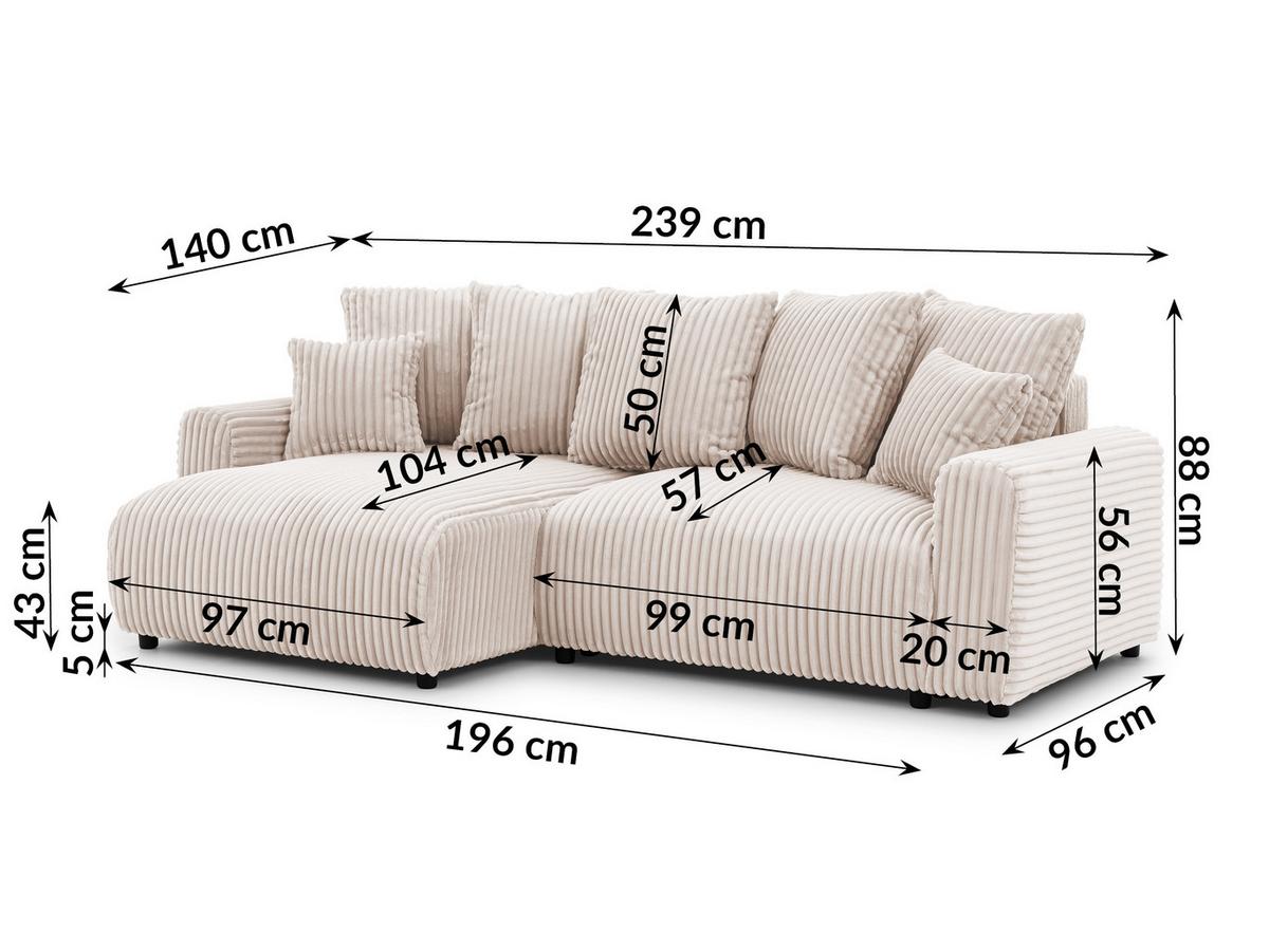 ECKSOFA Calma mit Schlaffunktion und Bettkasten im Bumpy-Design aus weichem Hellbeige Plüschcord - Ottomane links - Beige/Schwarz, Holz/Kunststoff (239/140cm) - S-Style